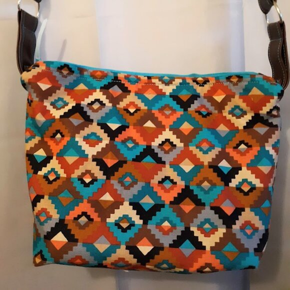 New Southwestern Geometric print Shoulder bag Purse Teracottta Brown Turquoise - Picture 7 of 10